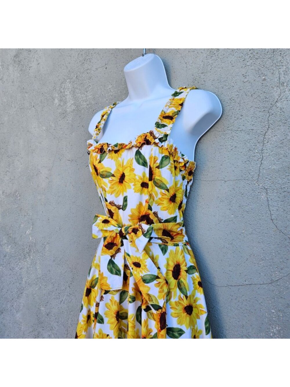 Vintage 90s French Sunflower Print Cotton Sundress Size M - Picture 2 of 16